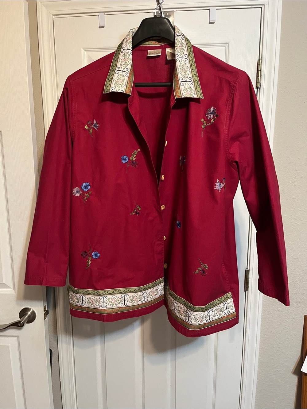 Embroidered Red Women’s Button-Front Shirt Jacket